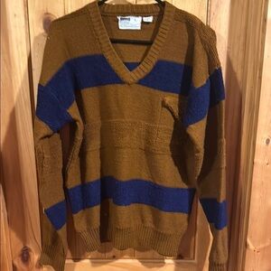 Vintage Montgomery Ward Men's Brown and Blue Striped Sweater